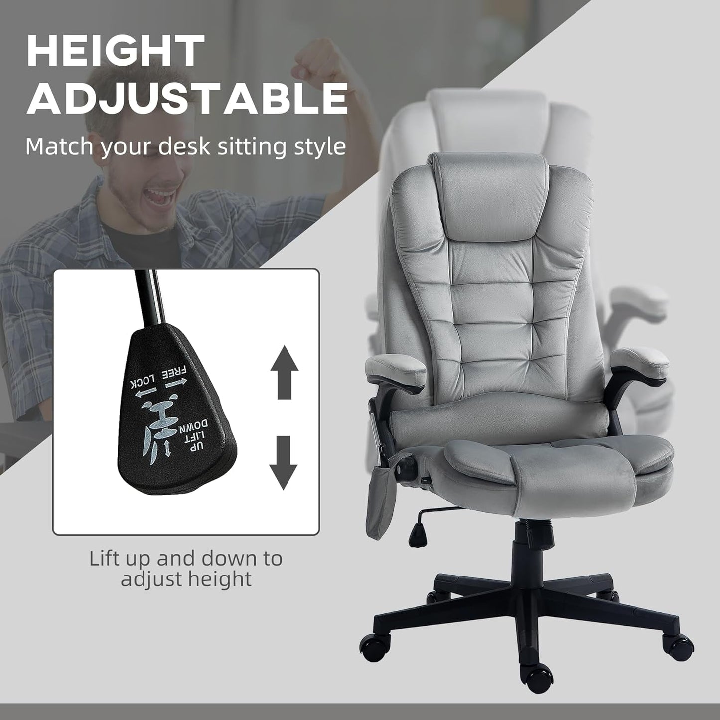 Heated Massage Office Chair, Reclining Velvet, Gray