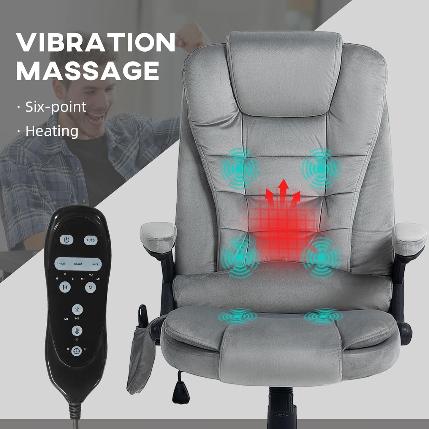 Heated Massage Office Chair, Reclining Velvet, Gray