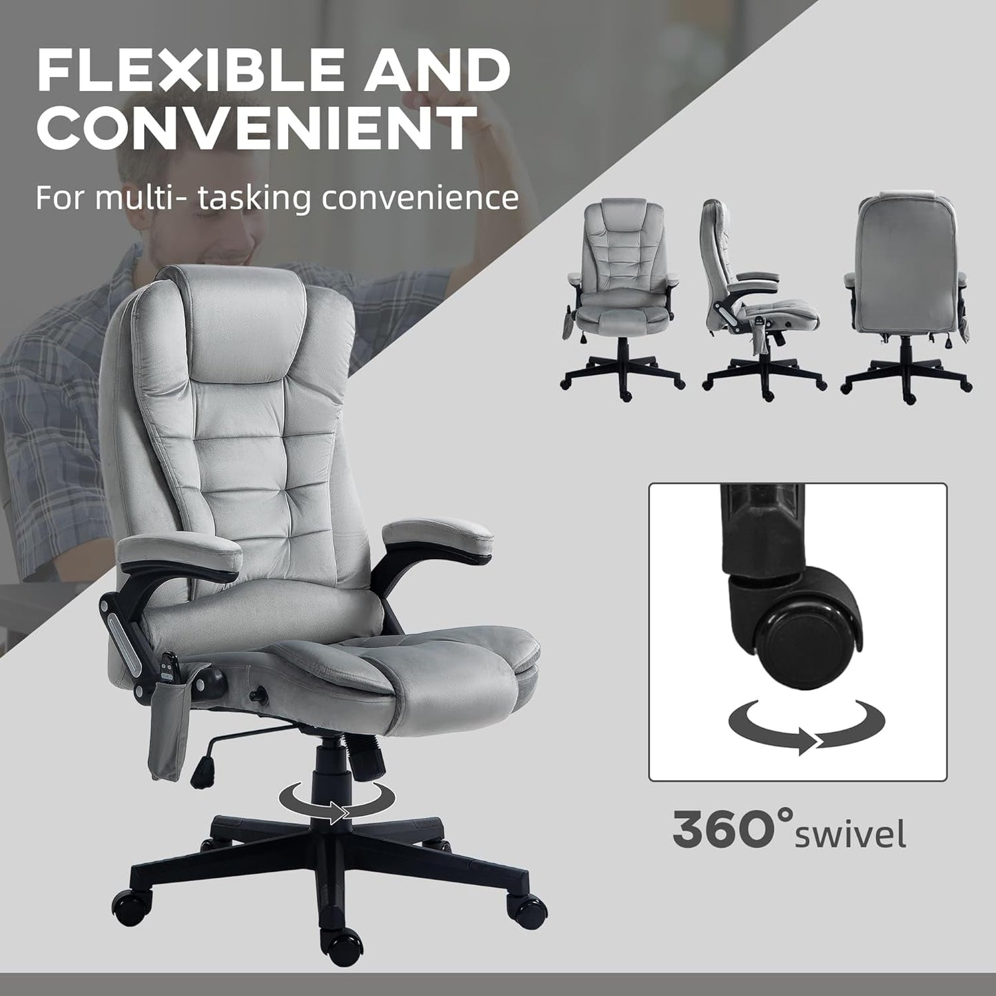 Heated Massage Office Chair, Reclining Velvet, Gray