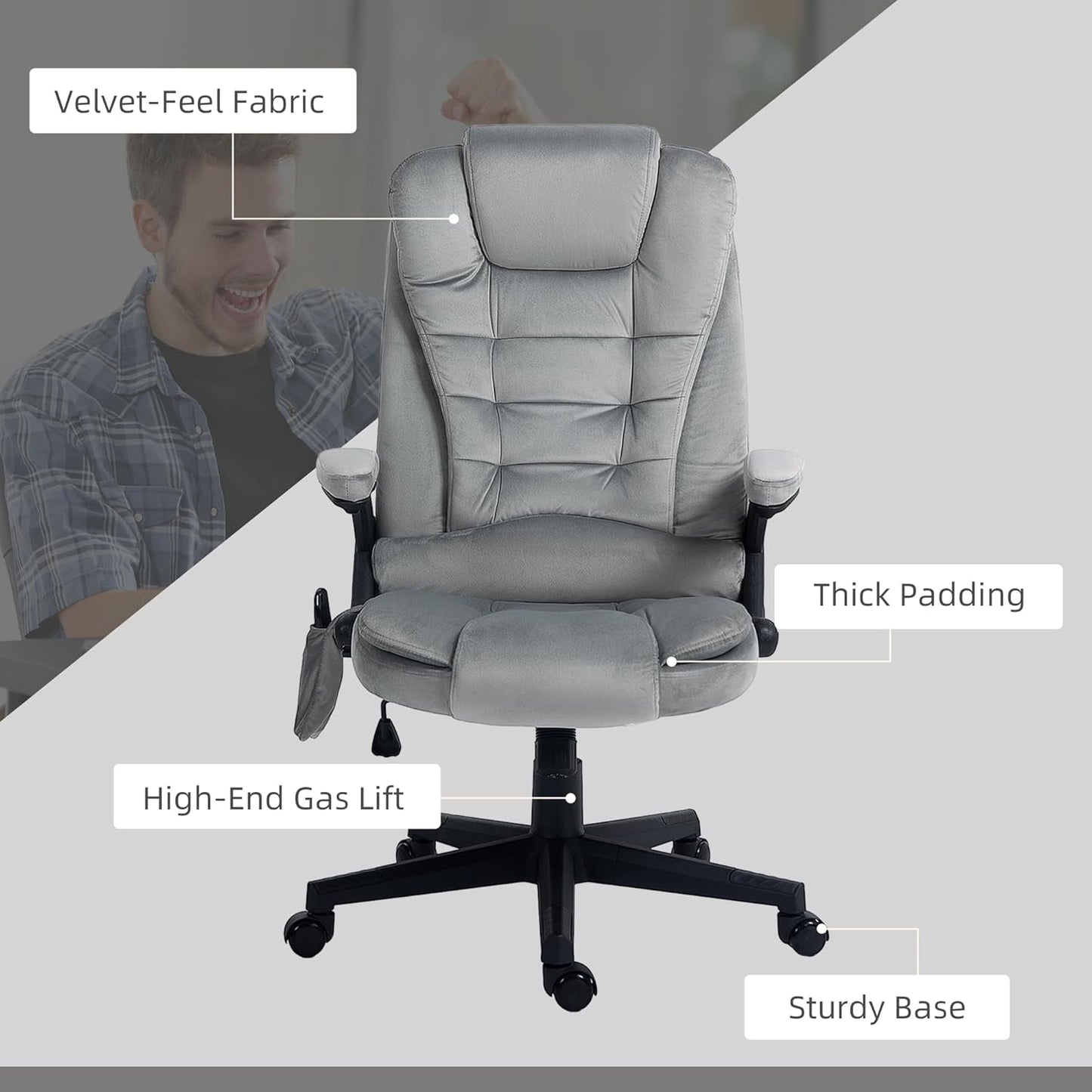 Heated Massage Office Chair, Reclining Velvet, Gray