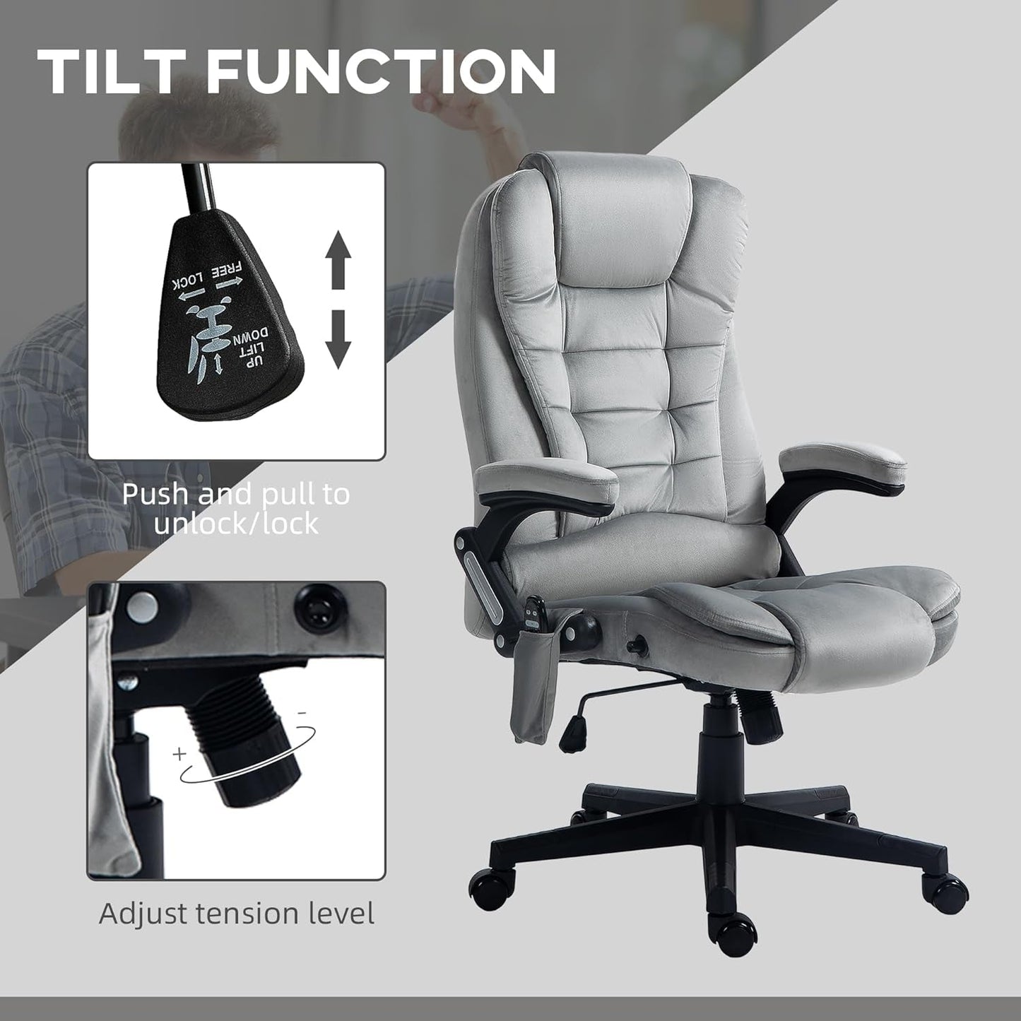 Heated Massage Office Chair, Reclining Velvet, Gray